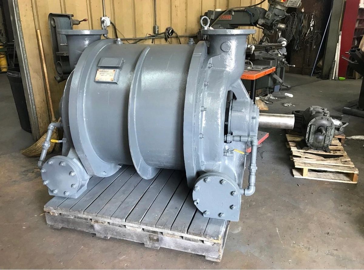 Multistage centrifugal blower mounted on its base plate after rebuild