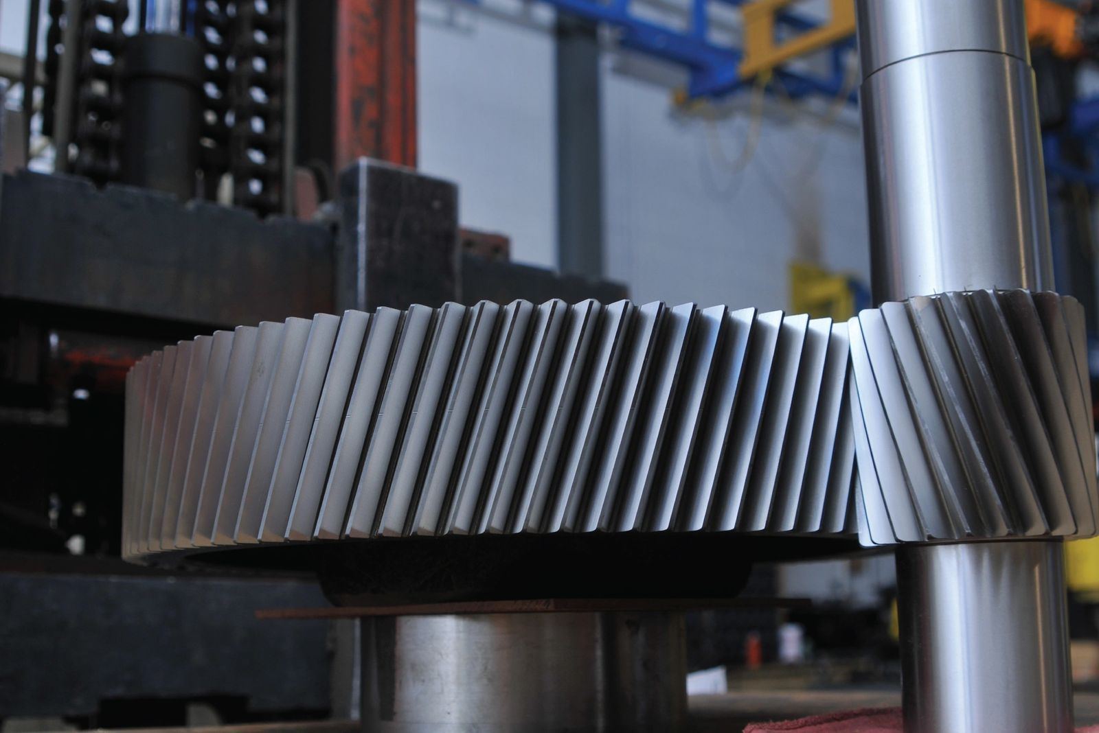 Close-up of a spiral bevel gear mesh inside a rebuilt gear reducer