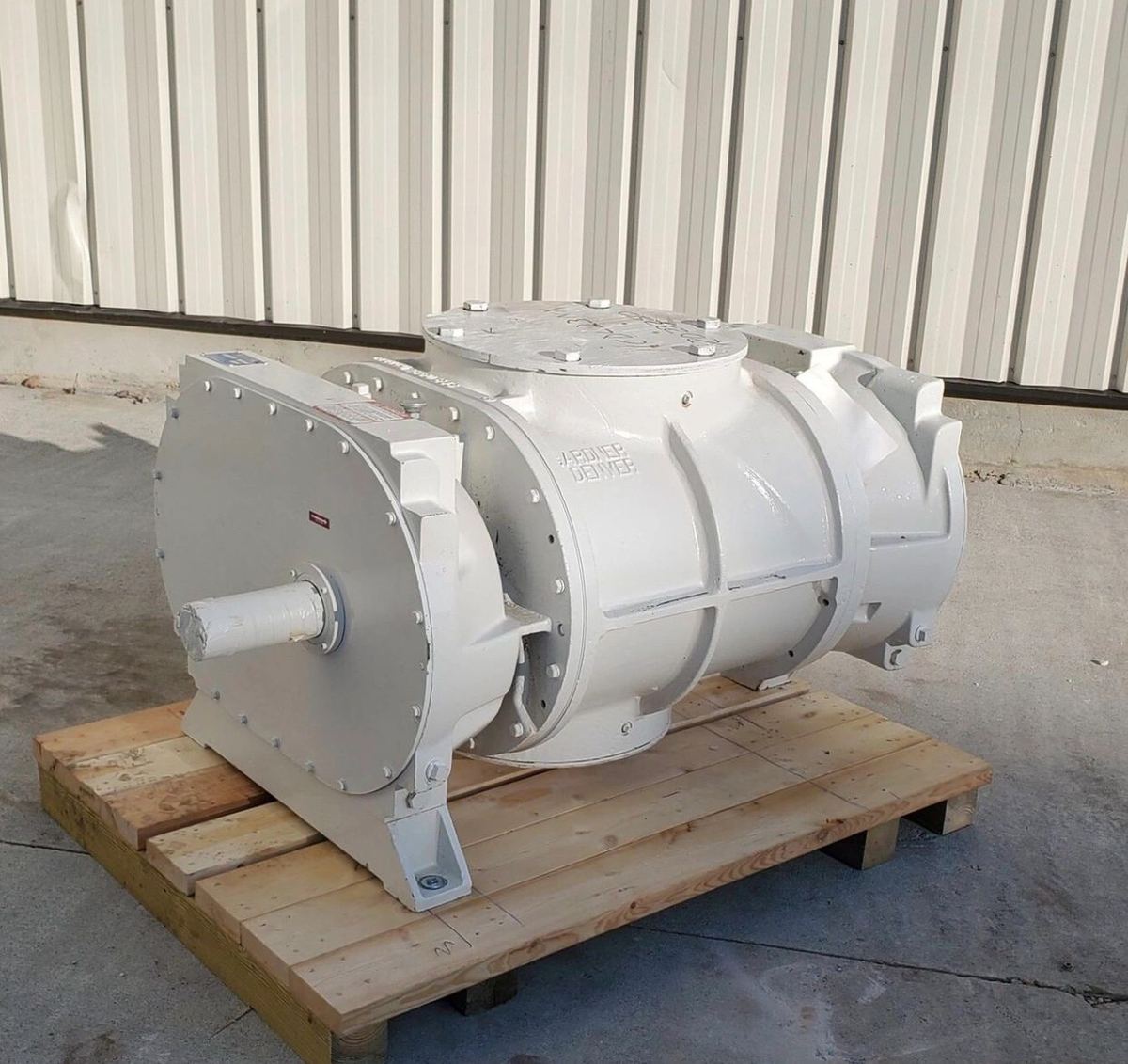 Rebuilt helical screw blower palletised and prepared for despatch