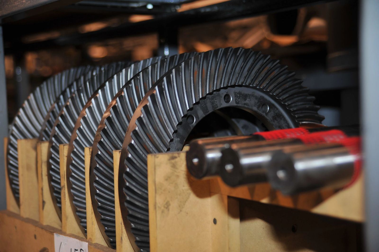 Close-up of a herringbone gear set during industrial gearbox rebuild