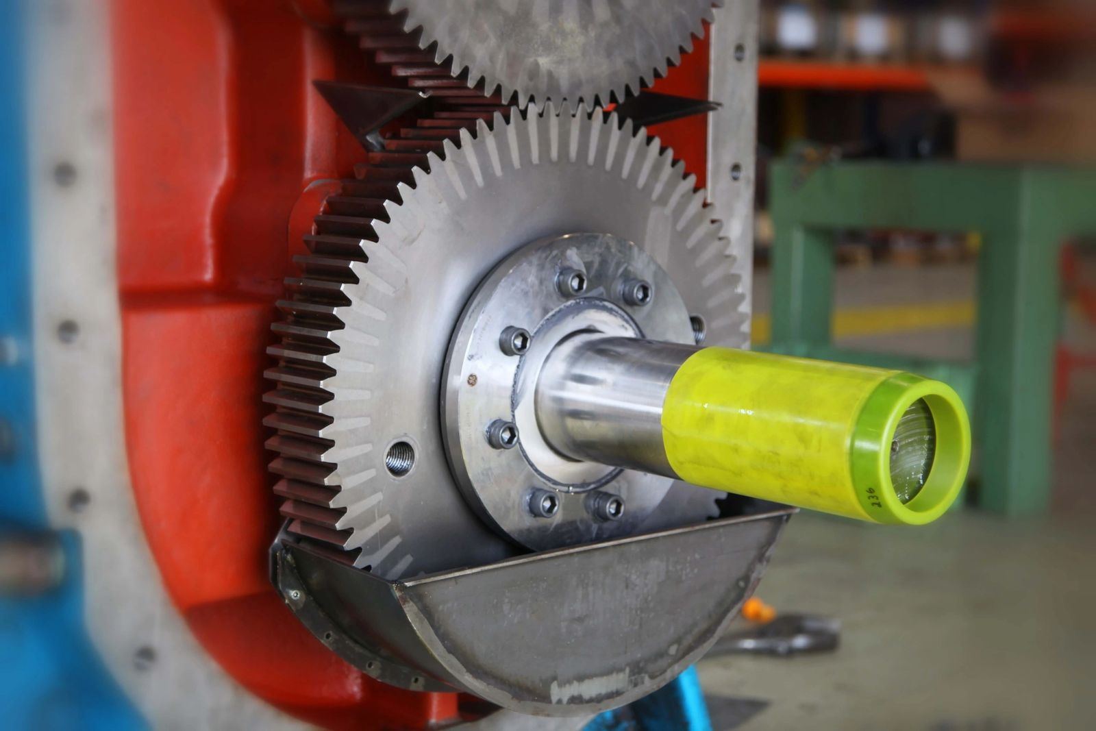 Spiral bevel gear and output shaft assembly during gear reducer rebuild